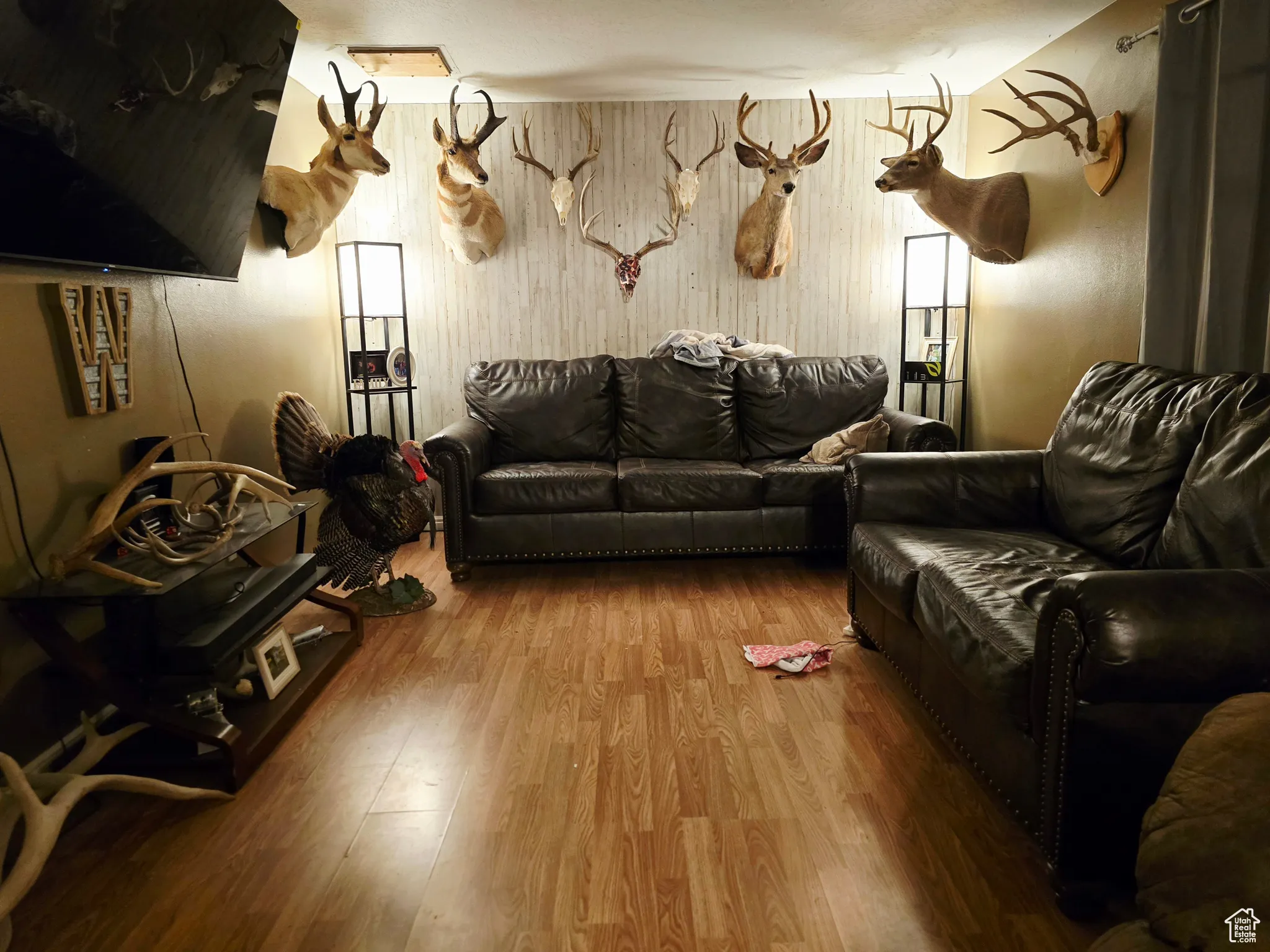 Living room with wood finished floors and wooden walls