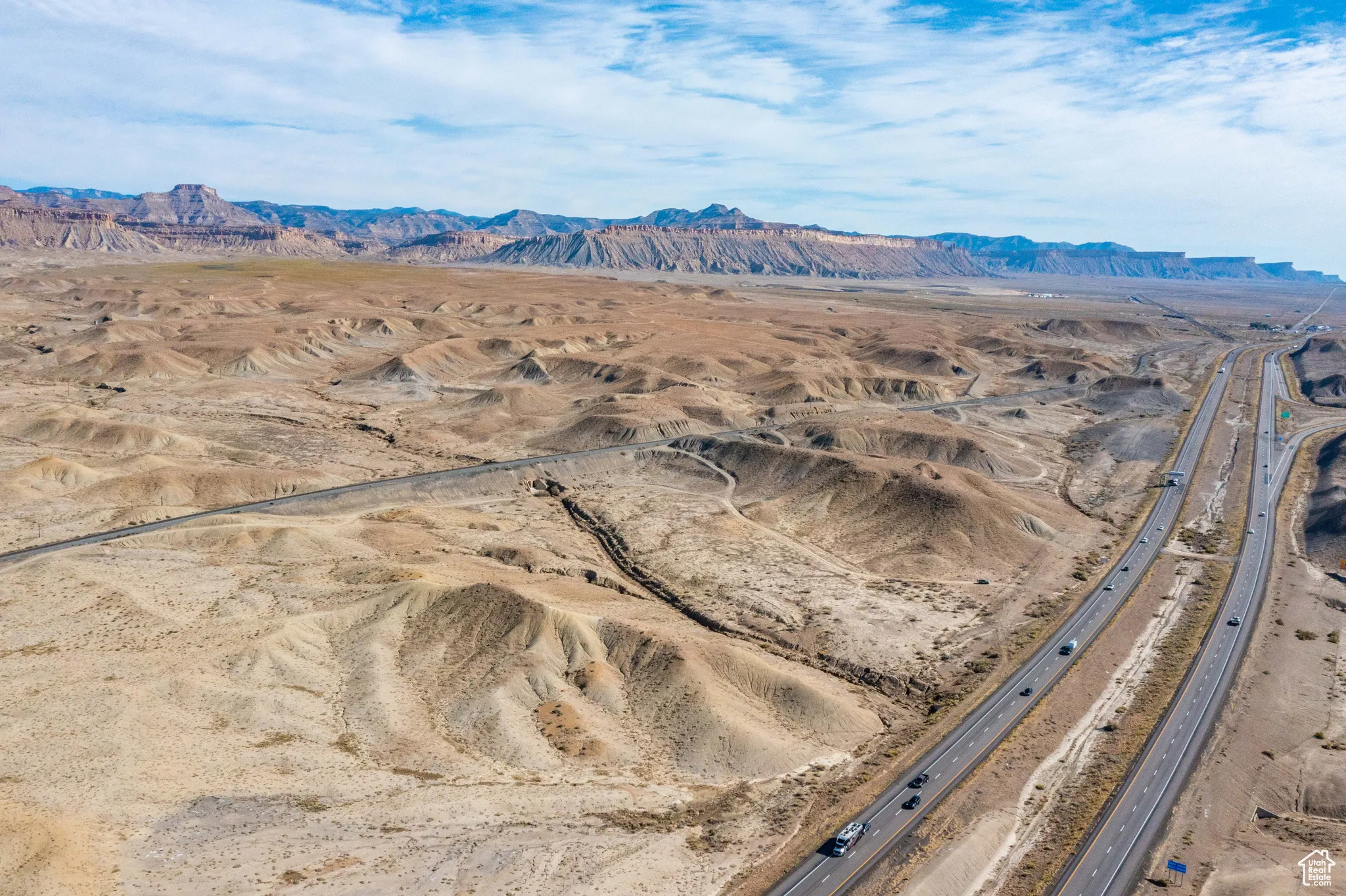 Bird's eye view of mountains and a desert landscape