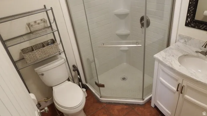 Full bath featuring vanity, a stall shower, and dark tile patterned flooring