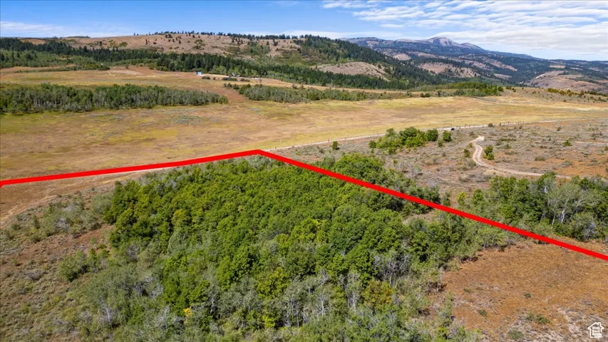 Aerial overview of property's location with property parcel outlined and mountains