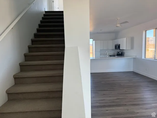 Stairs featuring wood finished floors and ceiling fan