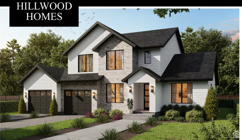 View of front of house with stone siding, concrete driveway, and roof with shingles