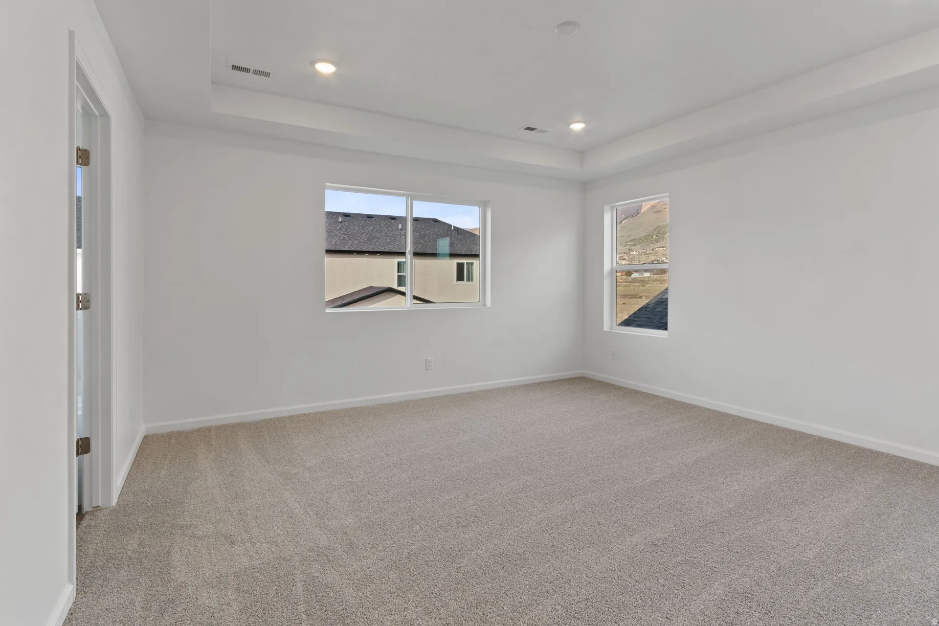 Primary bedroom featuring light carpet, plenty of natural light, a raised ceiling, and recessed lighting