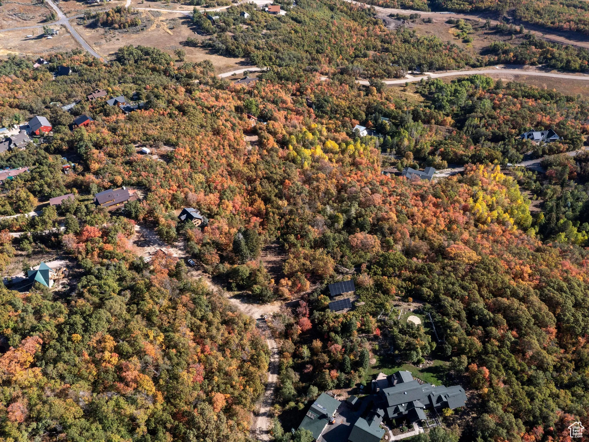 Aerial overview of property's location with a heavily wooded area