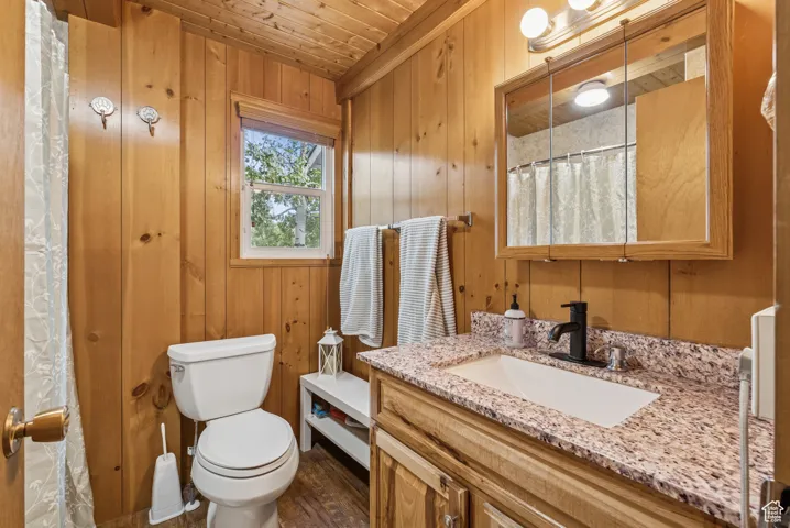 Full bathroom featuring vanity, wooden ceiling, wooden walls, and a shower with shower curtain