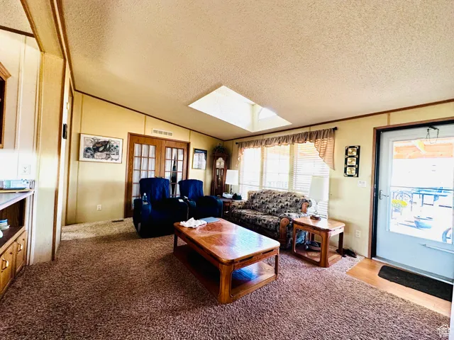 Living Room with skylight- large windows offering plenty of natural light