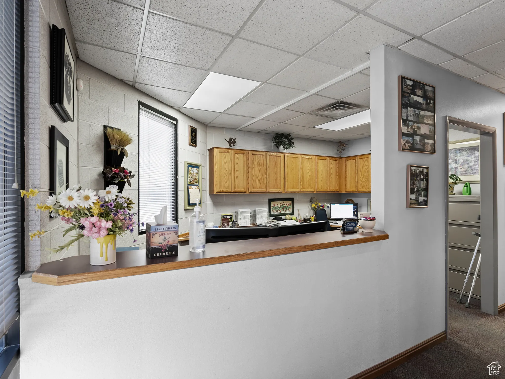 Kitchen featuring a drop ceiling, carpet, brown cabinets, and light countertops