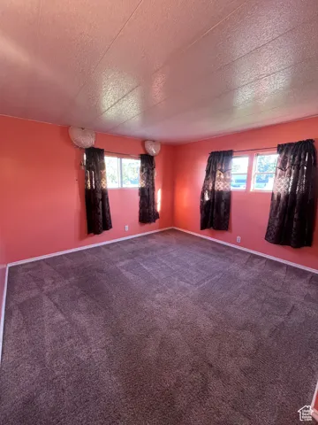 Carpeted spare room featuring a textured ceiling