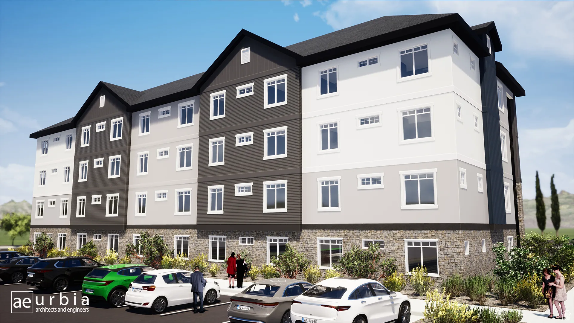 View of building exterior with uncovered parking