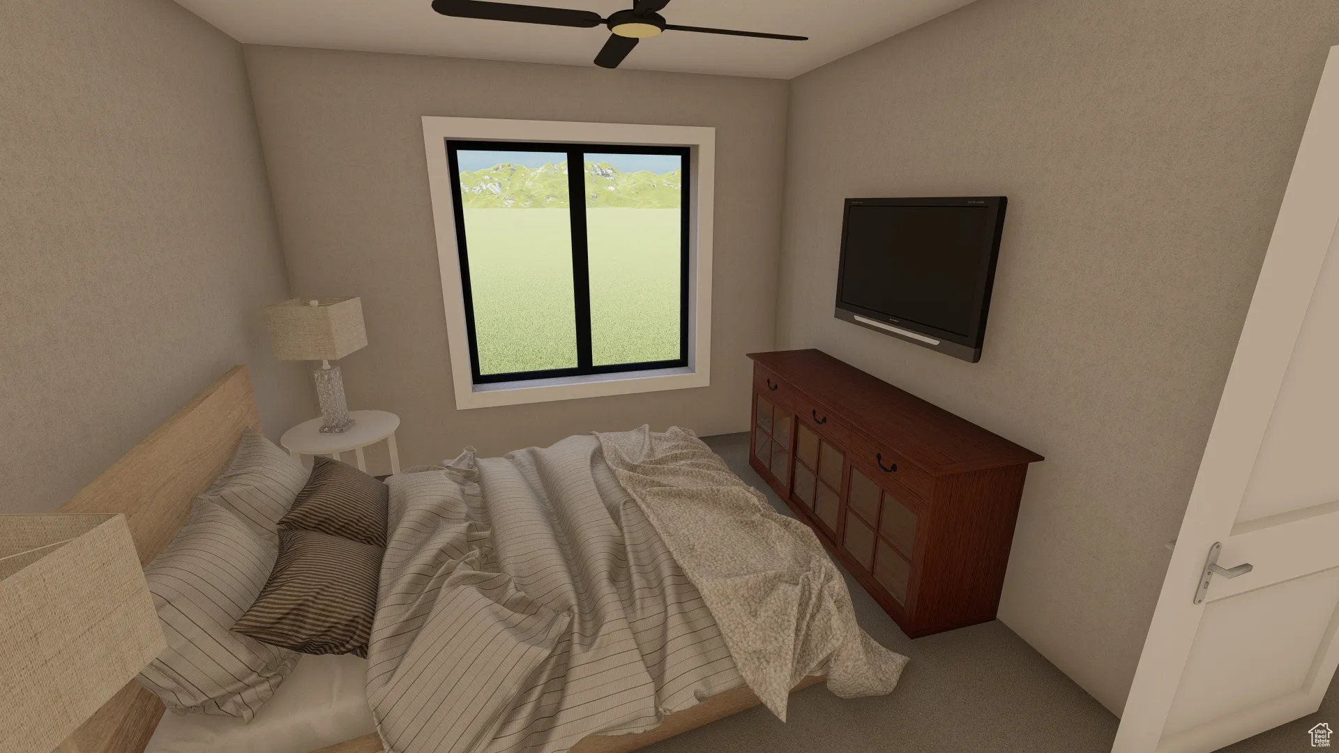 Bedroom with carpet floors and ceiling fan
