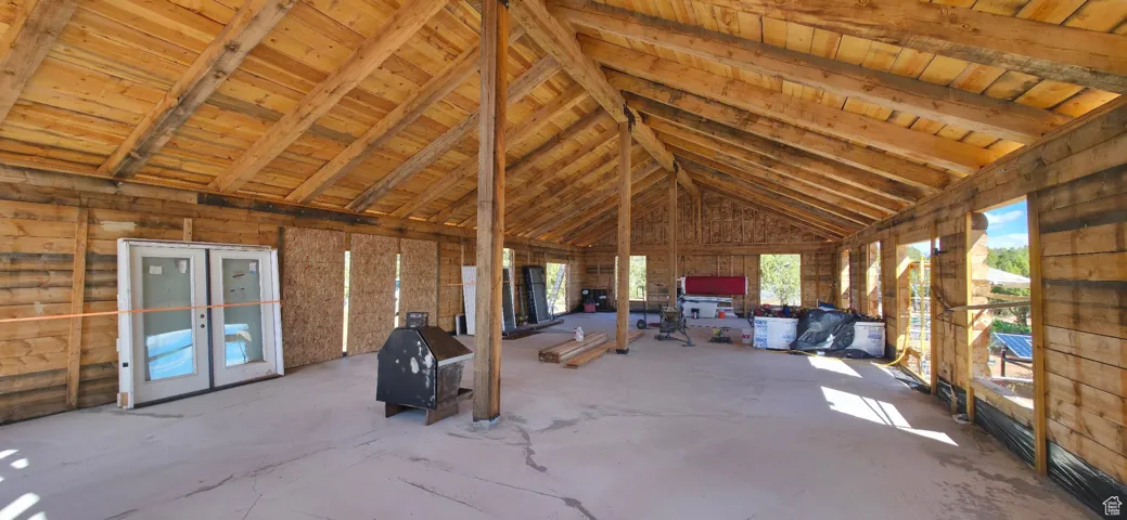 Interior Cabin with beam vaulted ceilings, facing North