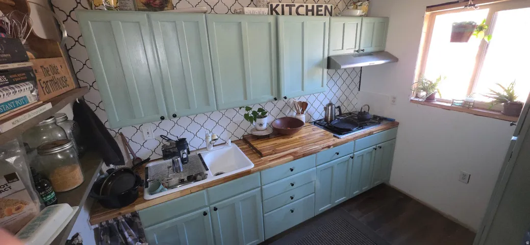 Kitchen featuring wood counters, tasteful backsplash, dark wood-style floors, and stovetop