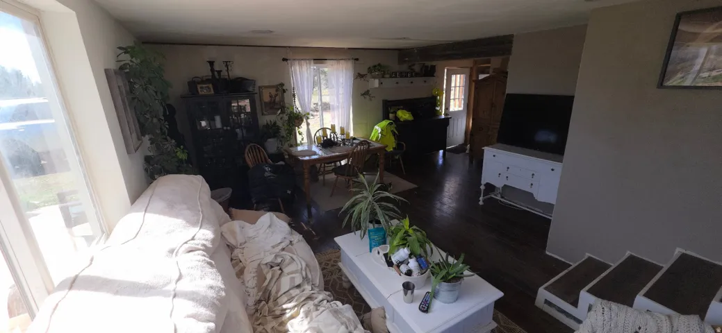 Living room with wood finished floors and a fireplace