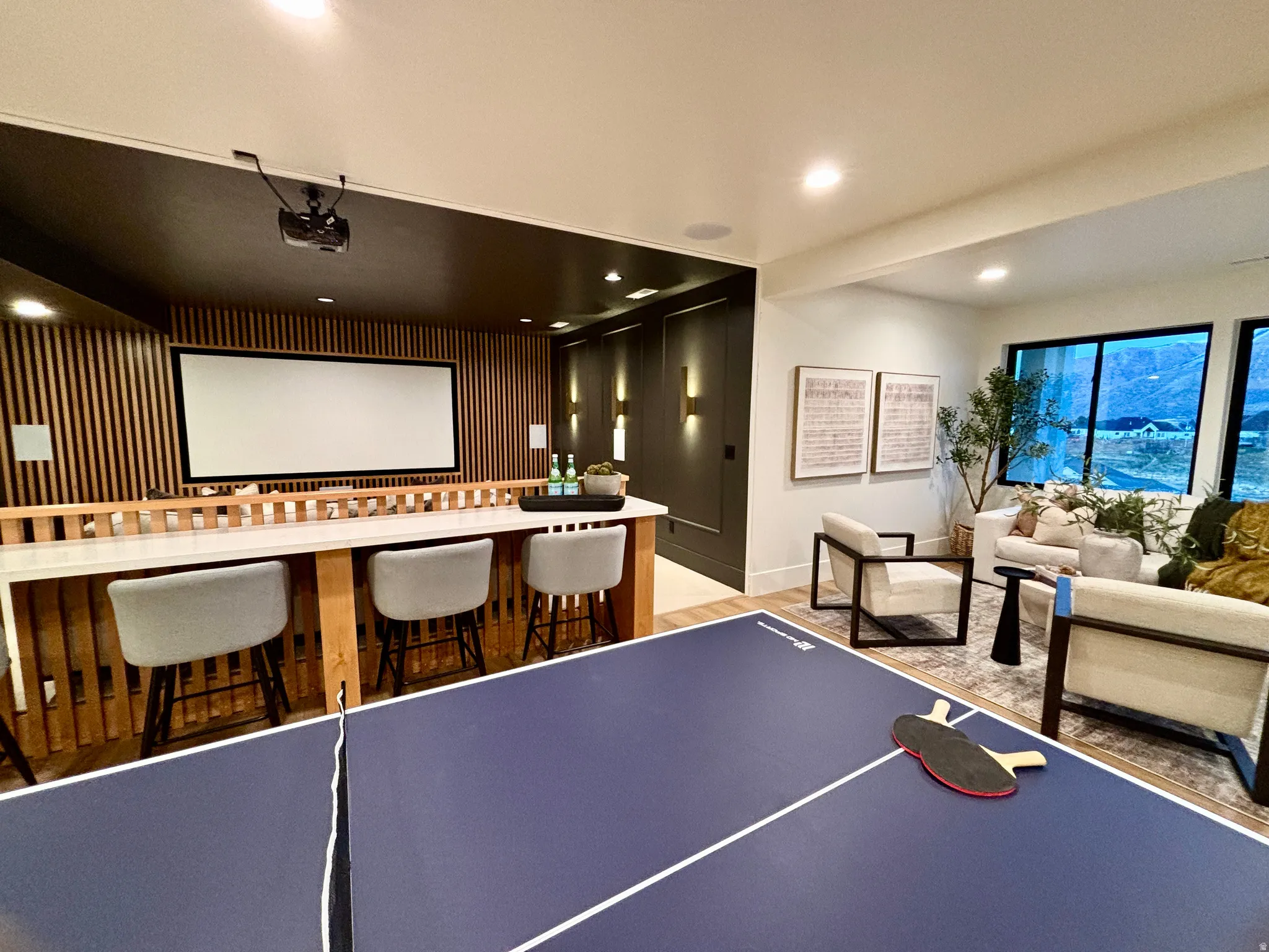 Downstairs open concept recreation/living room