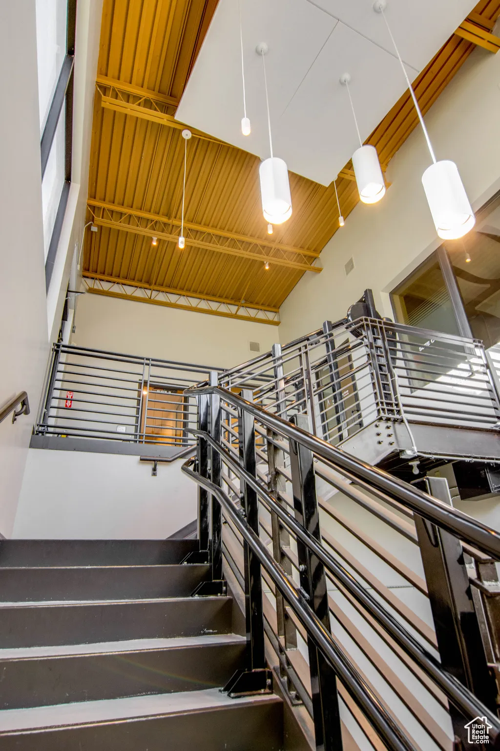 Stairway with wooden ceiling