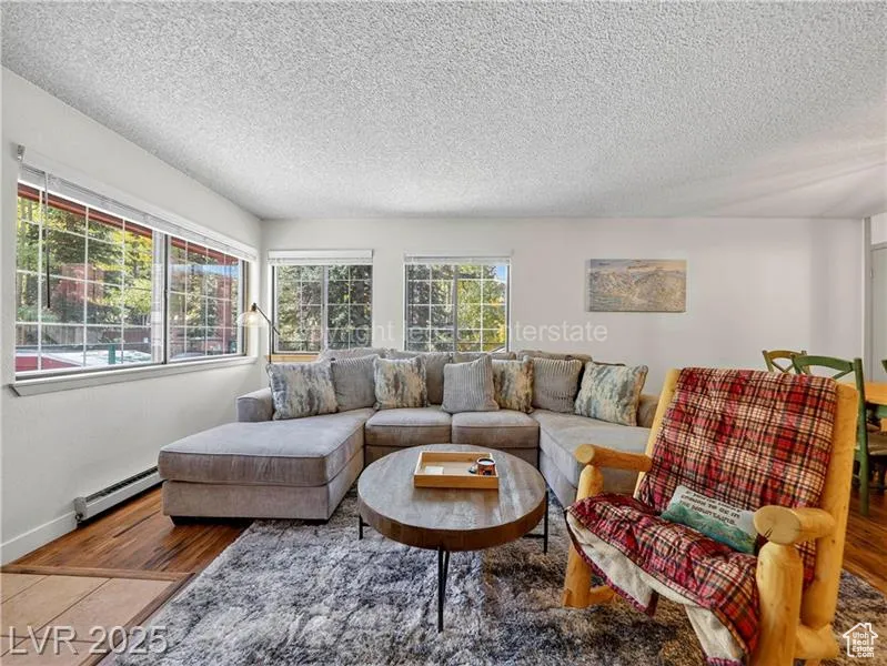 Living room with wood finished floors, a textured ceiling, and a baseboard heating unit