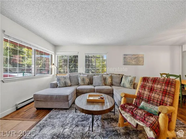 Living room with wood finished floors, a textured ceiling, and a baseboard heating unit