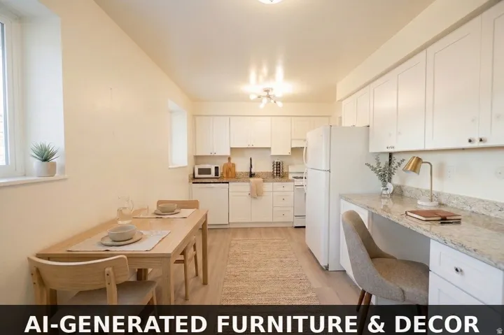 Kitchen with white cabinetry, white appliances, light stone countertops, and light wood finished floors