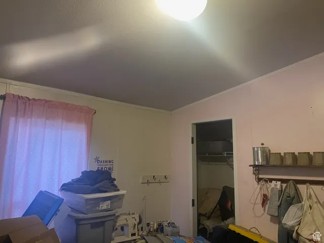 Bedroom featuring a walk in closet, crown molding, and lofted ceiling