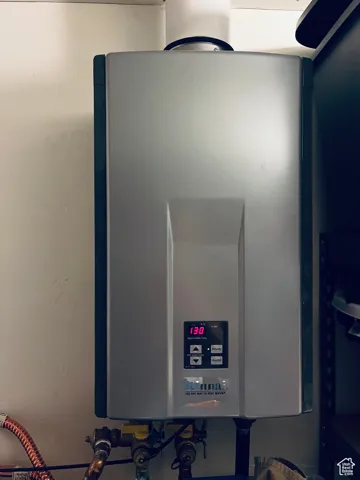 Detailed view of one of two tankless water heaters both identical.