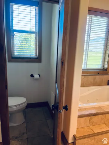 Master Bathroom featuring plenty of natural light, a jetted tub, and dark tile patterned floors
