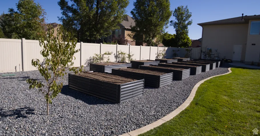 Fenced backyard with a garden and a patio