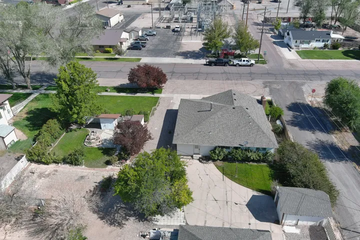 Expansive property featuring a gabled roofline, mature trees, and a concrete driveway