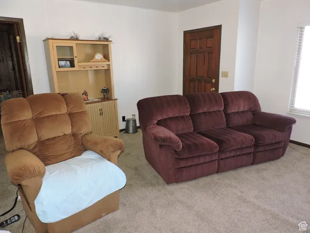 Living area with light colored carpet