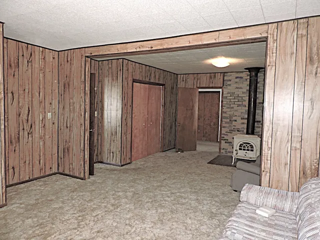 Living area featuring a wood stove, wooden walls, and light colored carpet
