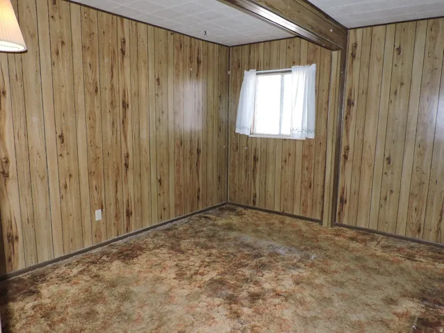 Spare room featuring beam ceiling, wooden walls, and carpet floors