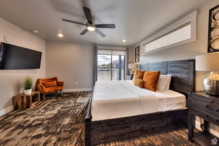 Bedroom featuring access to outside, ceiling fan, and recessed lighting