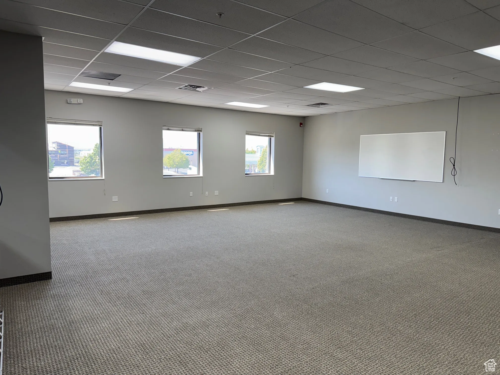 Spare room featuring healthy amount of natural light, a drop ceiling, and carpet floors