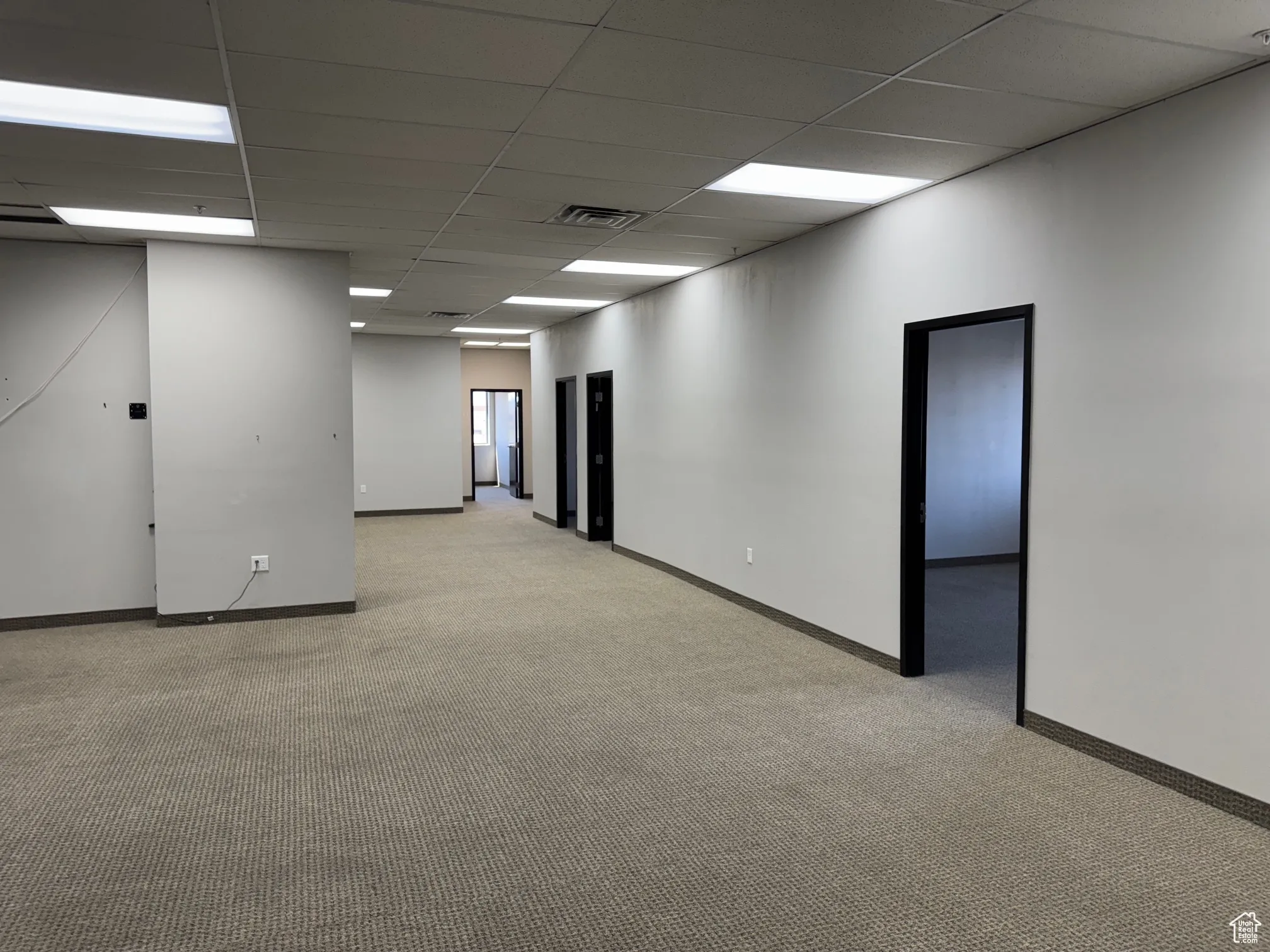 Unfurnished room featuring a paneled ceiling and light carpet