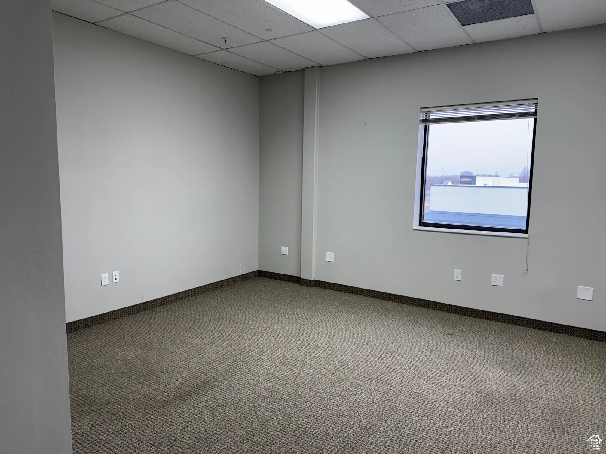 Empty room featuring a paneled ceiling and carpet