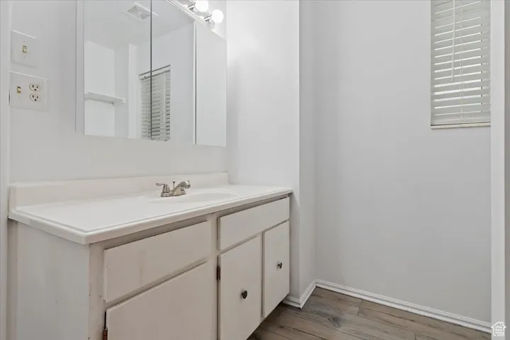 Bathroom with light wood finished floors and vanity