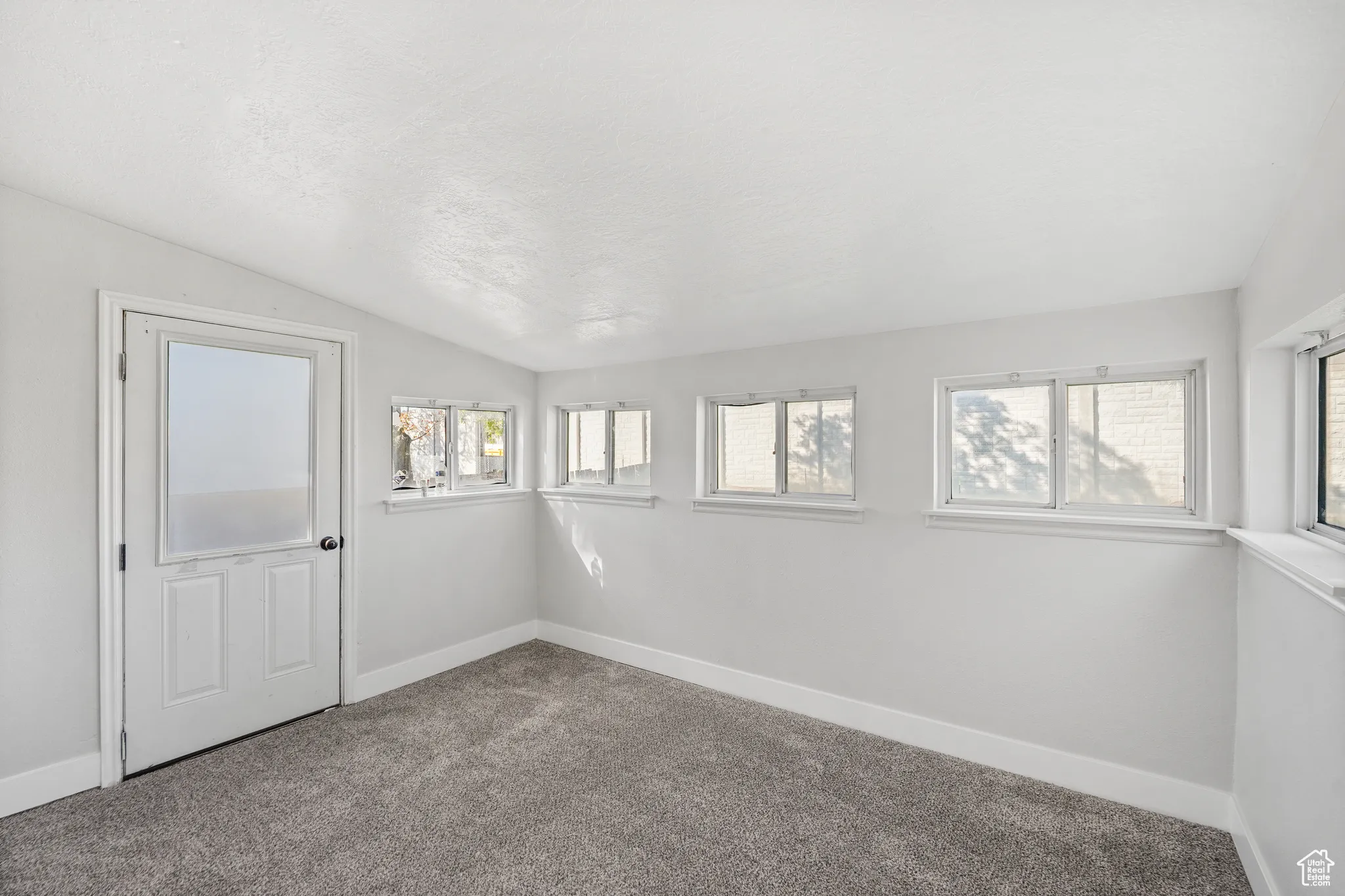 Spare room with carpet flooring, healthy amount of natural light, lofted ceiling, and a textured ceiling