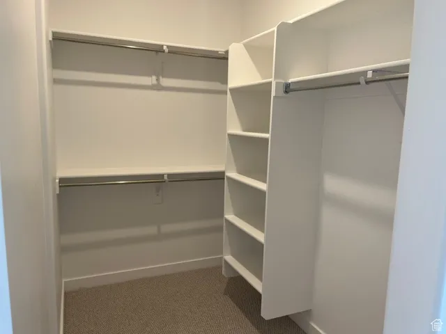 Walk in closet featuring dark colored carpet
