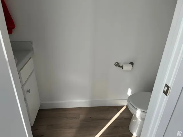 Bathroom featuring dark wood finished floors and vanity