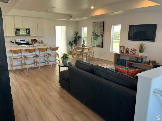 Living area with light wood-style floors and a tray ceiling