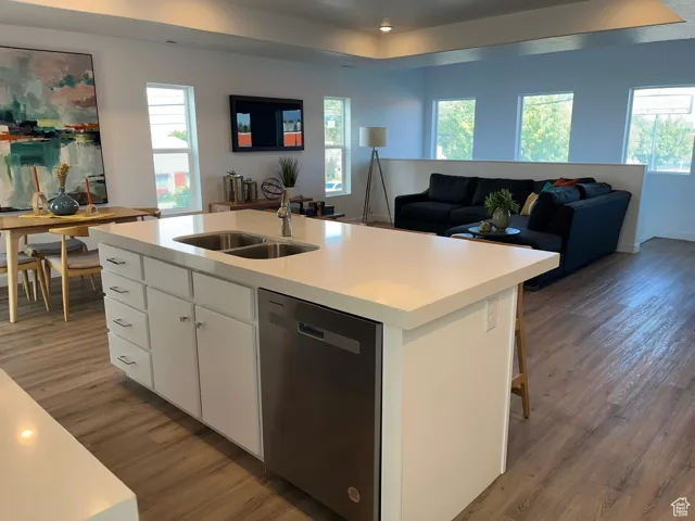 Kitchen with open floor plan, dishwasher, light countertops, and a tray ceiling