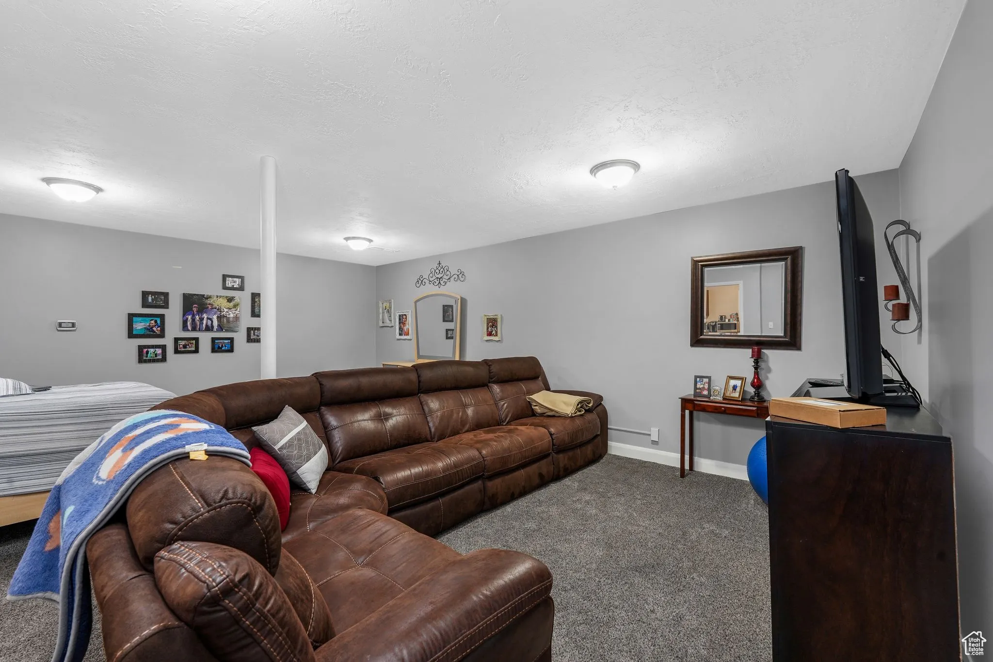 Living area featuring carpet floors and a textured ceiling