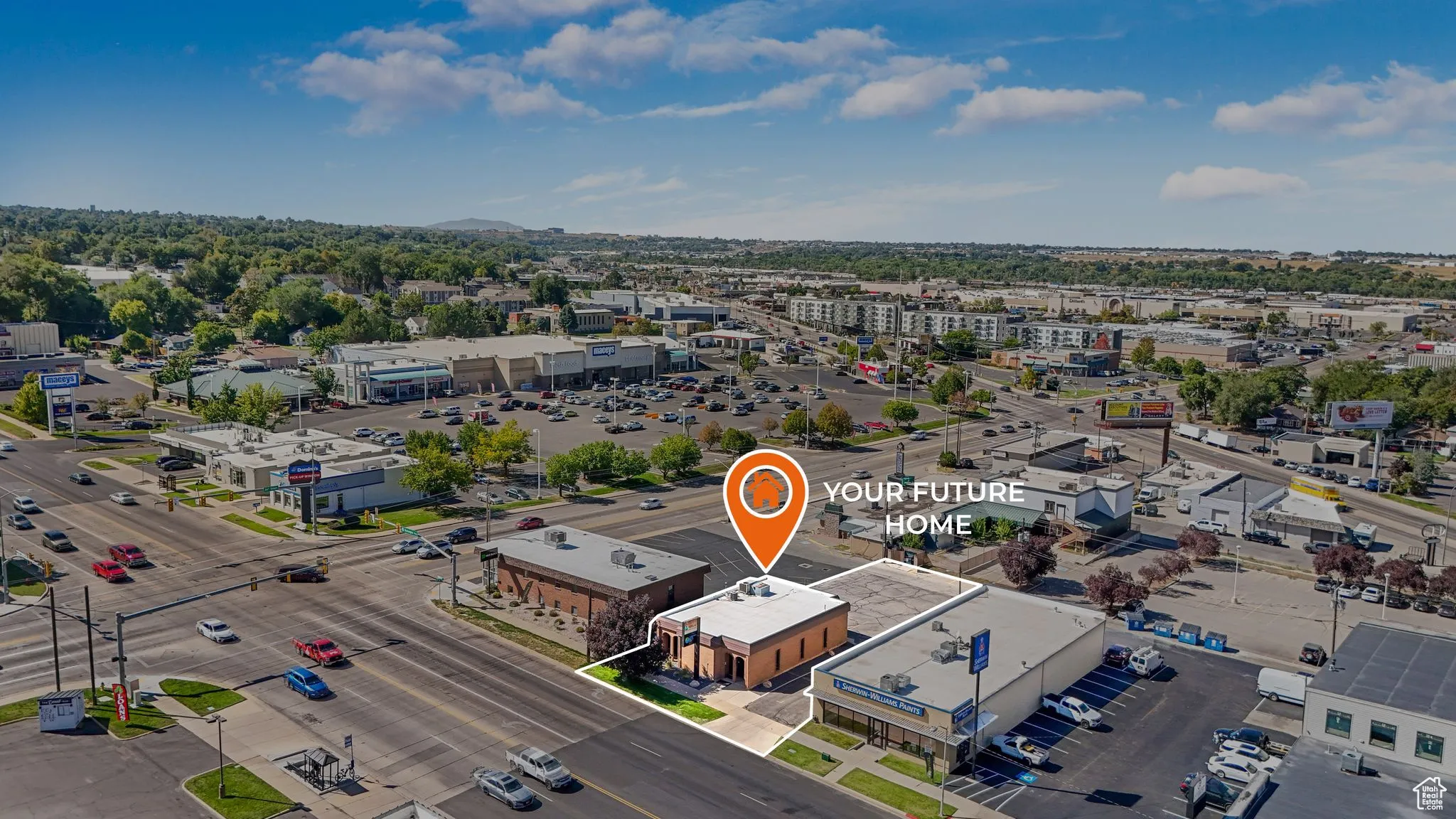 Aerial view of a commercial area