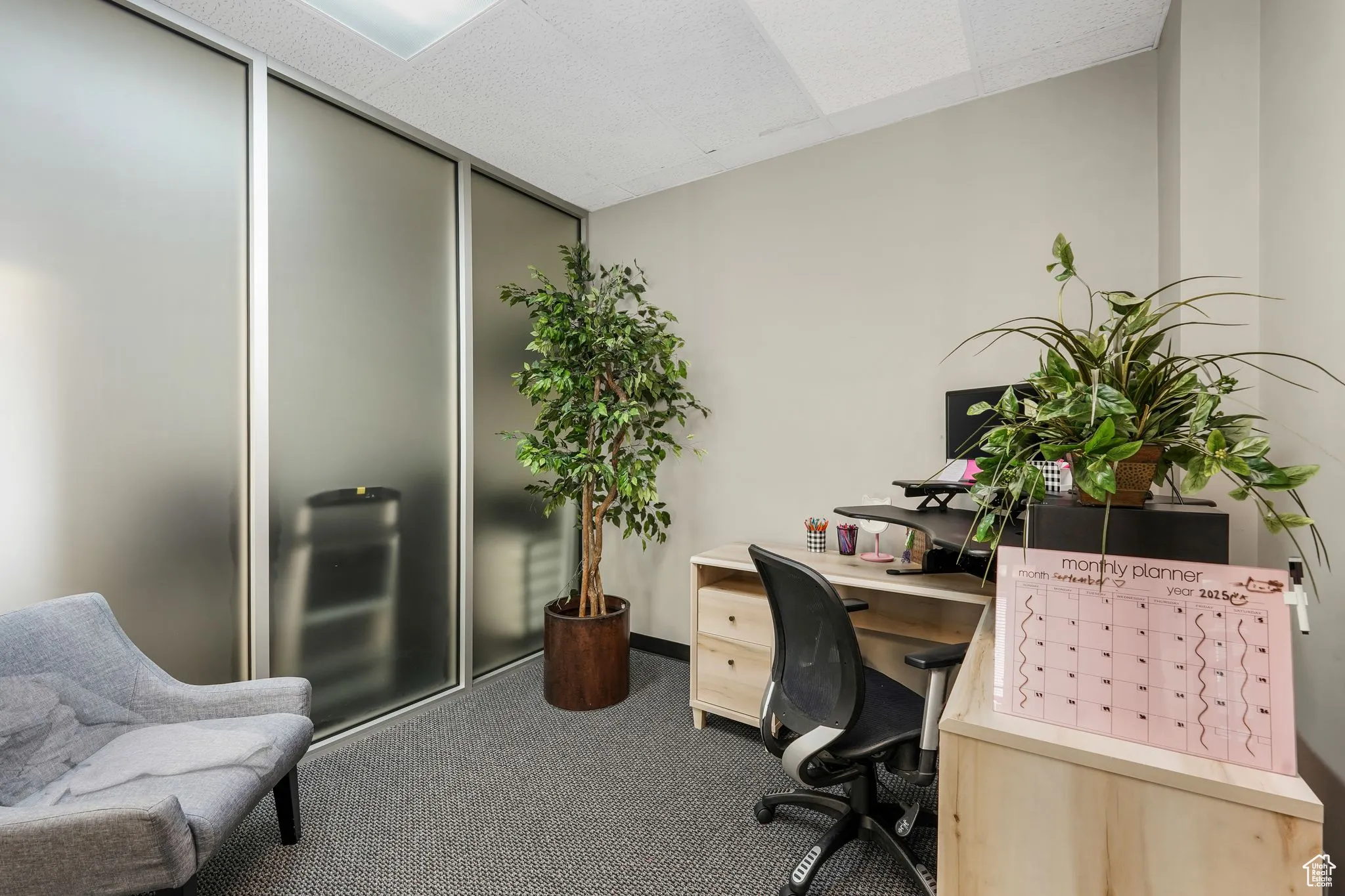 Carpeted home office with a drop ceiling