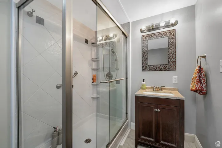 Full bathroom featuring vanity and a stall shower