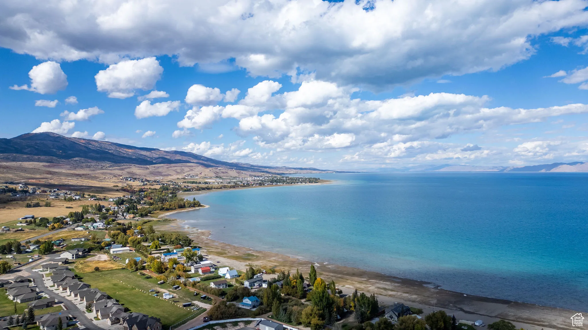Aerial view of a water and mountain view
