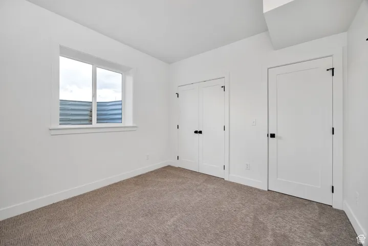 Unfurnished bedroom featuring carpet flooring and a closet