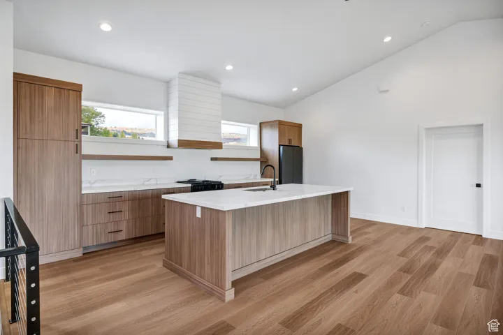 Kitchen with open shelves, light wood-type flooring, recessed lighting, brown cabinetry, and an island with sink