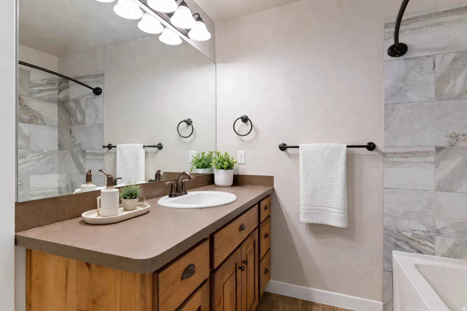 Bathroom featuring vanity and dark wood-style floors