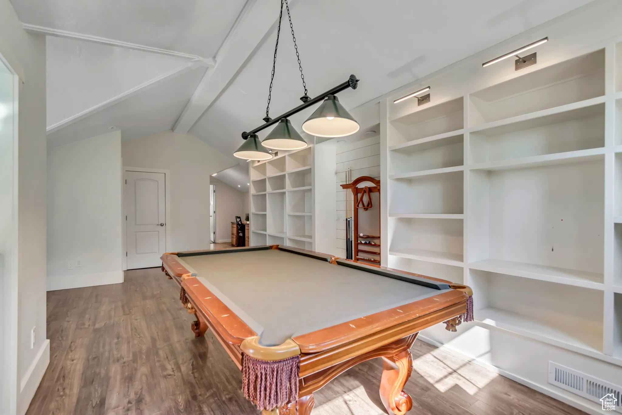 Playroom with billiards and wood finished floors