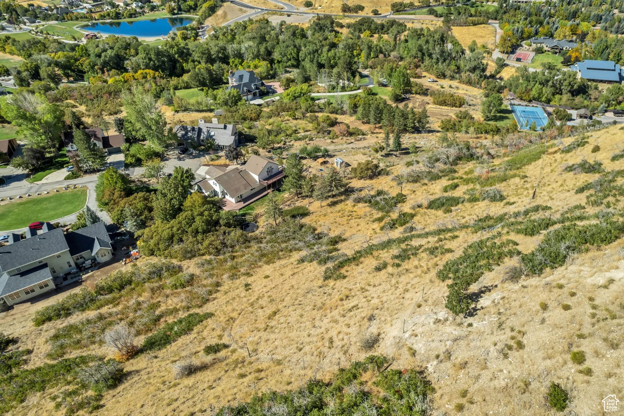 Aerial view of a nearby body of water